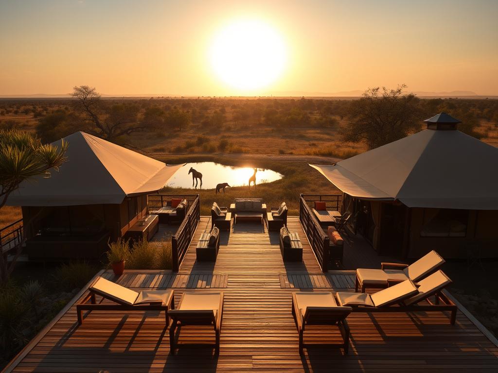 A luxurious tented camp nestled in the heart of the Kenyan savanna, surrounded by vast grasslands and acacia trees. The sun casts a warm glow, illuminating the safari-style canvas structures with their private terraces overlooking a tranquil watering hole. In the foreground, a wooden deck with comfortable lounge chairs invites guests to unwind and soak in the sights and sounds of the wild. The middle ground features a central dining area with a thatched roof, where guests can savor local cuisine. In the background, the silhouettes of giraffes and elephants can be seen grazing on the horizon, creating a serene and immersive safari experience.