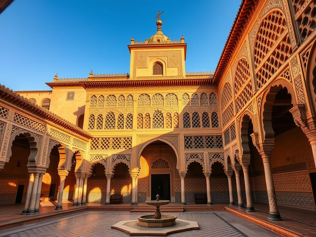 A magnificent Moorish architectural masterpiece, the Medersa Ben Youssef in Marrakesh stands as a testament to the city's rich cultural heritage. Nestled amidst the bustling medina, this 14th-century madrasa (Islamic school) boasts intricate carvings, ornate tilework, and a serene central courtyard with a tranquil fountain. Warm, golden sunlight filters through the delicate latticework, casting intricate shadows that dance across the ornamental details. The structure's graceful arches, ornate columns, and harmonious symmetry create a sense of timeless elegance, inviting visitors to step back in time and immerse themselves in the captivating essence of Marrakesh's architectural wonders.