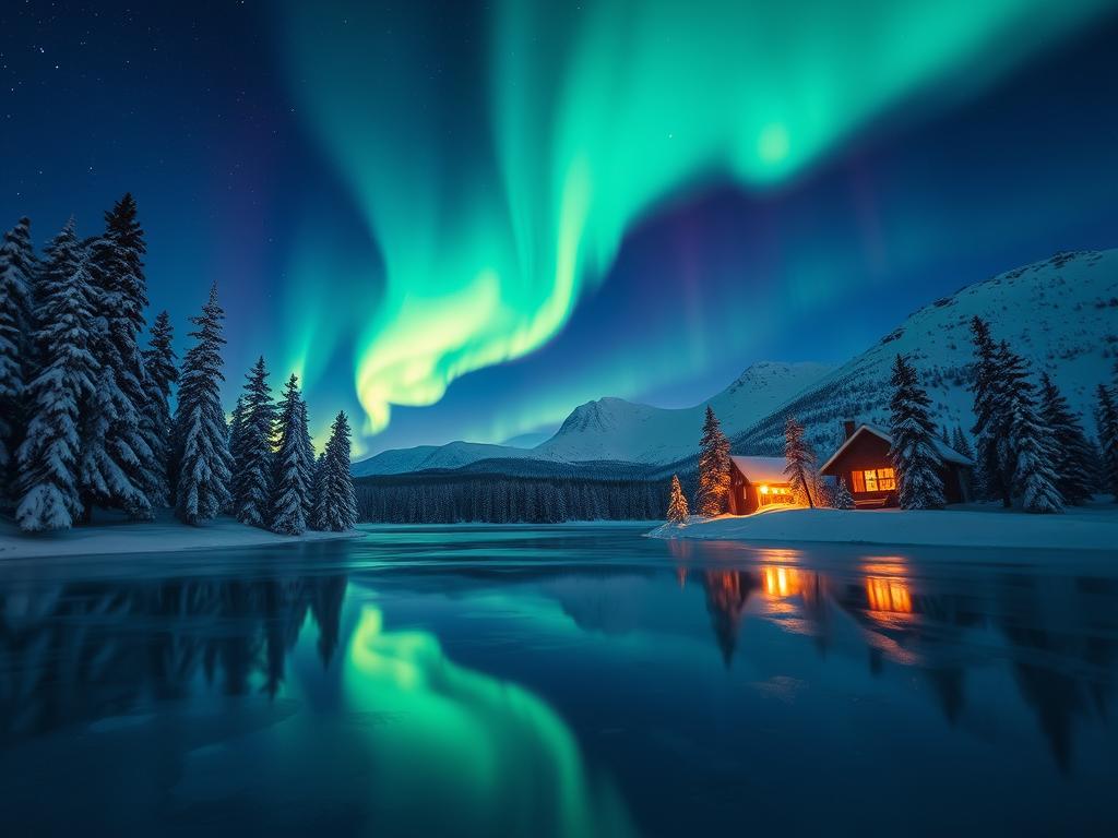 A magnificent aurora borealis display illuminates the night sky over the serene, snow-covered landscapes of Finnish Lapland. In the foreground, a frozen lake reflects the vibrant greens, blues, and purples of the dancing Northern Lights, creating a breathtaking mirror effect. Tall, snow-capped pine trees line the shores, their branches blanketed in pristine white. The middle ground features a quaint, wooden cabin with a warm, glowing light emanating from its windows, inviting the viewer to experience the cozy, winter wonderland atmosphere. The background is dominated by majestic, snow-covered mountains, their peaks reaching towards the heavens. The scene is bathed in a soft, ethereal glow, capturing the magical and enchanting nature of this winter paradise.