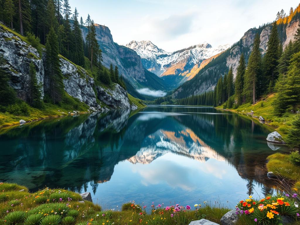 A majestic Finnish landscape, showcasing the natural beauty of the country's national parks. In the foreground, a crystal-clear lake reflects the towering pine trees and rugged cliffs surrounding it. Diverse flora, including vibrant wildflowers, dots the lush, verdant forest floor. The middle ground reveals rolling hills and meandering streams, while the distant background is dominated by snow-capped mountains bathed in warm, golden light. The scene is infused with a sense of tranquility and wonder, capturing the essence of Finland's untamed wilderness. A wide-angle lens and soft, diffused lighting create a serene, almost dreamlike atmosphere, inviting the viewer to immerse themselves in this awe-inspiring natural paradise.