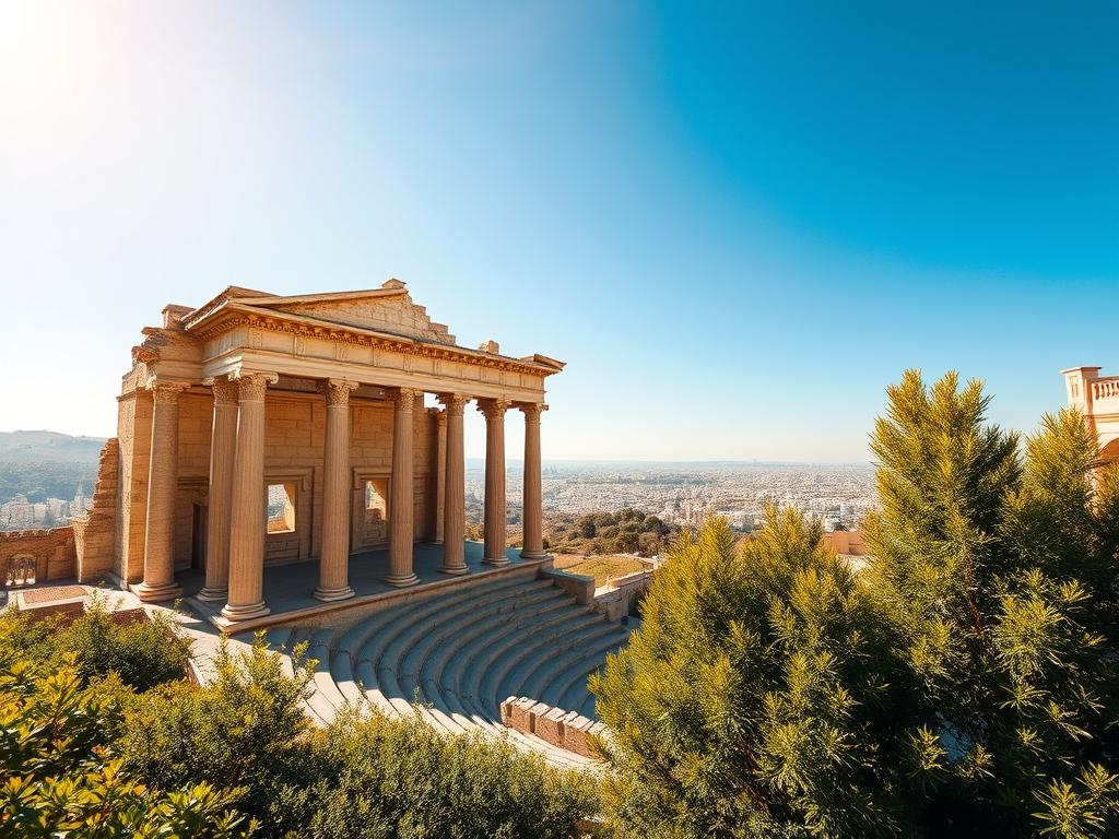 A majestic Roman theater nestled within the ancient Amman Citadel, its striking limestone columns and tiered seating rising against a clear blue sky. In the foreground, lush greenery frames the historic structure, while the middle ground reveals a sprawling hilltop vista of the modern city beyond. Warm, golden sunlight bathes the scene, lending an air of timeless grandeur to this remarkable confluence of past and present. Shot with a wide-angle lens to capture the full scale and impressive architecture, this image evokes the awe-inspiring legacy of Amman's storied past. A majestic Roman theater nestled within the ancient Amman Citadel, its striking limestone columns and tiered seating rising against a clear blue sky. In the foreground, lush greenery frames the historic structure, while the middle ground reveals a sprawling hilltop vista of the modern city beyond. Warm, golden sunlight bathes the scene, lending an air of timeless grandeur to this remarkable confluence of past and present. Shot with a wide-angle lens to capture the full scale and impressive architecture, this image evokes the awe-inspiring legacy of Amman's storied past.