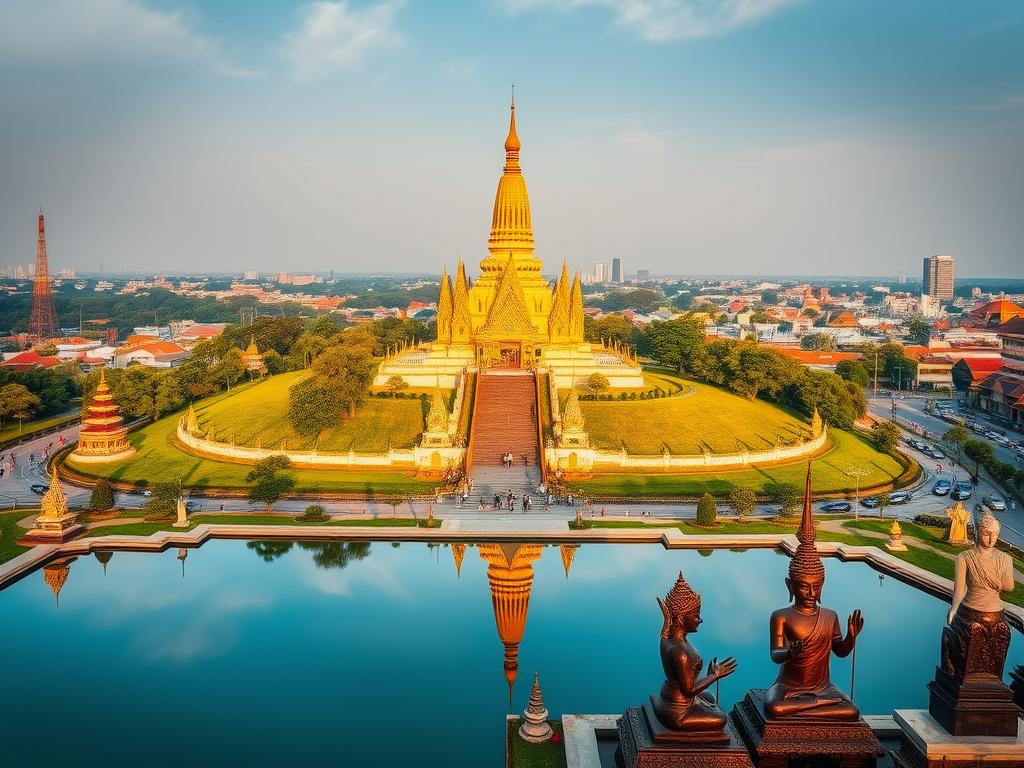 A majestic Wat Phnom temple nestled atop a lush, verdant hillock, its golden spires and intricate Buddhist architecture bathed in warm, soft sunlight. In the foreground, a serene reflecting pool mirrors the temple's stunning silhouette, while colorful pagodas and pavilions dot the landscaped gardens surrounding the sacred site. The middle ground features traditional Khmer sculptures and statues, their intricate details and cultural significance inviting deeper exploration. In the background, the bustling streets of Phnom Penh provide a vibrant urban backdrop, showcasing the seamless integration of Cambodia's ancient spiritual traditions and modern city life. An atmospheric, cinematic image that captures the essence of cultural heritage and artistic wonder.