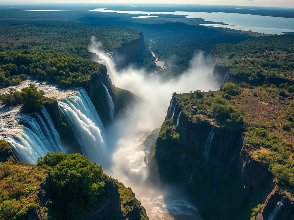 A majestic aerial view of the breathtaking Victoria Falls, showcasing its thunderous cascades plunging into the Zambezi River below. The dramatic landscape is framed by lush, verdant rainforest foliage and the rugged cliffs of the gorge. Sunlight dances on the mist-shrouded waters, creating a mesmerizing display of natural power and beauty. In the distance, the serene waters of the Zambezi River stretch towards the horizon, hinting at the tranquil Kariba Lake beyond. The scene evokes a sense of awe and wonder, capturing the essence of Zimbabwe's extraordinary natural wonders. A majestic aerial view of the breathtaking Victoria Falls, showcasing its thunderous cascades plunging into the Zambezi River below. The dramatic landscape is framed by lush, verdant rainforest foliage and the rugged cliffs of the gorge. Sunlight dances on the mist-shrouded waters, creating a mesmerizing display of natural power and beauty. In the distance, the serene waters of the Zambezi River stretch towards the horizon, hinting at the tranquil Kariba Lake beyond. The scene evokes a sense of awe and wonder, capturing the essence of Zimbabwe's extraordinary natural wonders.