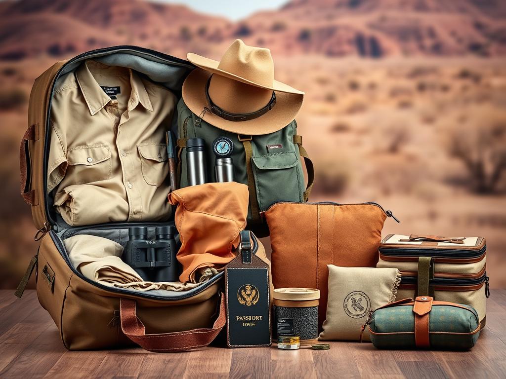A meticulously organized safari-themed luggage display, captured in a well-lit, high-resolution photograph. In the foreground, an open duffel bag showcases a neatly folded khaki shirt, a pair of sturdy hiking pants, and a broad-brimmed hat. Alongside, a rugged backpack is carefully packed with essential items such as a water bottle, binoculars, and a compass. In the middle ground, a collection of safari-inspired accessories, including a leather luggage tag, a durable passport holder, and a set of compactible packing cubes, are arranged in a visually appealing manner. The background features a subtly blurred, earthy-toned landscape, evoking the sense of an upcoming adventure. The overall scene exudes a sense of organization, practicality, and a touch of rugged sophistication. A meticulously organized safari-themed luggage display, captured in a well-lit, high-resolution photograph. In the foreground, an open duffel bag showcases a neatly folded khaki shirt, a pair of sturdy hiking pants, and a broad-brimmed hat. Alongside, a rugged backpack is carefully packed with essential items such as a water bottle, binoculars, and a compass. In the middle ground, a collection of safari-inspired accessories, including a leather luggage tag, a durable passport holder, and a set of compactible packing cubes, are arranged in a visually appealing manner. The background features a subtly blurred, earthy-toned landscape, evoking the sense of an upcoming adventure. The overall scene exudes a sense of organization, practicality, and a touch of rugged sophistication.