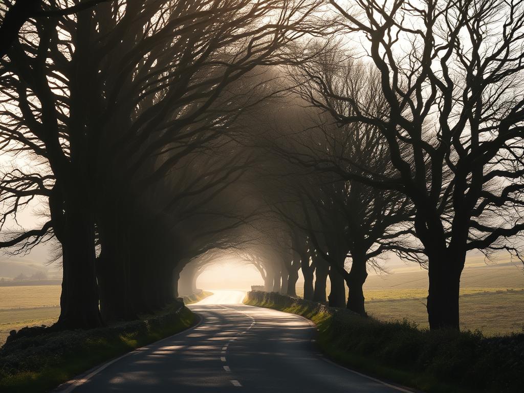A moody, atmospheric landscape of the Dark Hedges, a magical tree tunnel in Northern Ireland. Towering, gnarled beech trees arch overhead, casting long shadows across the winding country road below. Soft, diffused light filters through the interlaced branches, creating a mystical, otherworldly ambiance. The road winds through the tunnel, inviting viewers to explore this enchanting, natural wonder. The surrounding rolling hills and fields are bathed in a hazy, ethereal glow, adding to the sense of mystery and timelessness. Subtle fog or mist adds depth and depth to the scene, heightening the sense of the magical and the unknown. An image that captures the essence of Northern Ireland's captivating natural beauty.
