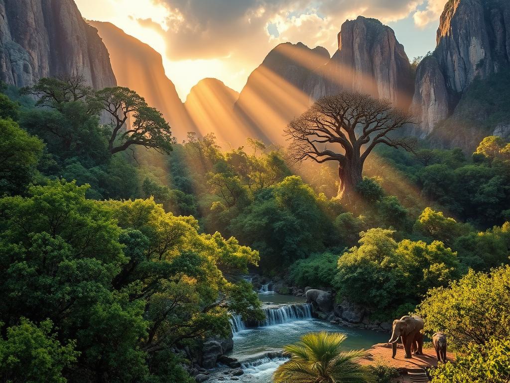 A mystical oasis nestled in the heart of Zimbabwe, hidden from the world's gaze. Towering granite peaks frame a serene landscape, where ancient baobab trees stand guard over sparkling waterfalls and tranquil pools. Beams of golden light filter through lush, verdant foliage, casting a warm, enchanting glow over the scene. Indigenous wildlife, from majestic elephants to vibrant bird species, roam freely amidst this untamed, captivating wilderness. A lens of wonder and discovery captures the essence of this secret, breathtaking wonder - a true hidden gem of Zimbabwe. A mystical oasis nestled in the heart of Zimbabwe, hidden from the world's gaze. Towering granite peaks frame a serene landscape, where ancient baobab trees stand guard over sparkling waterfalls and tranquil pools. Beams of golden light filter through lush, verdant foliage, casting a warm, enchanting glow over the scene. Indigenous wildlife, from majestic elephants to vibrant bird species, roam freely amidst this untamed, captivating wilderness. A lens of wonder and discovery captures the essence of this secret, breathtaking wonder - a true hidden gem of Zimbabwe.