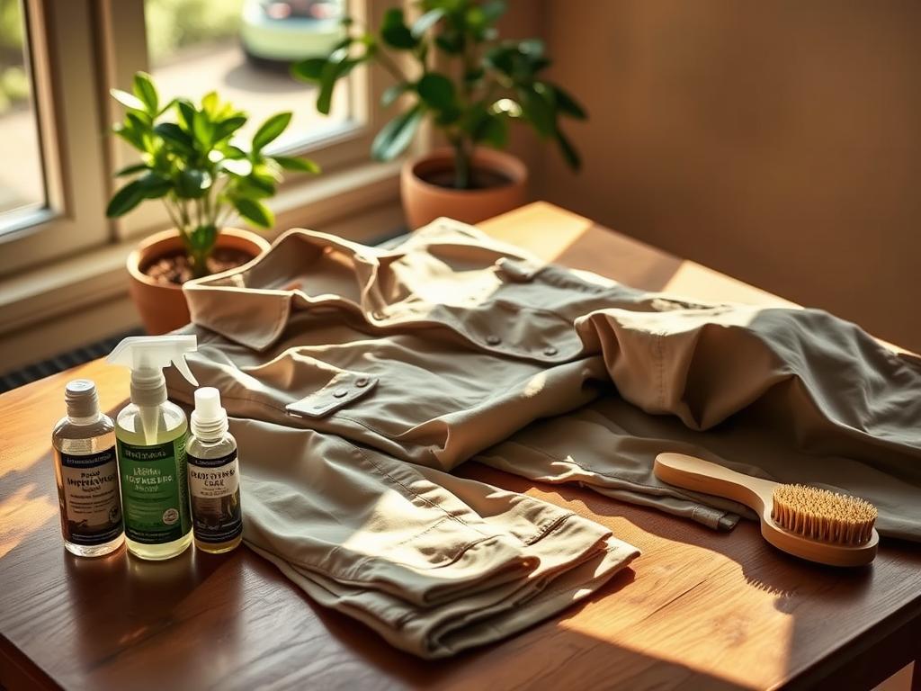 A neatly folded safari shirt and trousers lie on a wooden table, surrounded by bottles of impregnating spray, fabric refresher, and a brush. Warm, natural lighting filters through a window, casting soft shadows. In the background, a potted plant and a subtle, earthy-toned wall add to the calming, outdoor-inspired atmosphere. The scene conveys the importance of properly caring for and maintaining safari-style clothing to ensure their longevity and performance during outdoor adventures. A neatly folded safari shirt and trousers lie on a wooden table, surrounded by bottles of impregnating spray, fabric refresher, and a brush. Warm, natural lighting filters through a window, casting soft shadows. In the background, a potted plant and a subtle, earthy-toned wall add to the calming, outdoor-inspired atmosphere. The scene conveys the importance of properly caring for and maintaining safari-style clothing to ensure their longevity and performance during outdoor adventures.