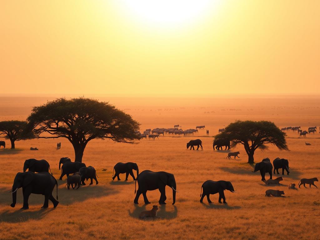 A panoramic scene of the Masai Mara National Reserve in Kenya, showcasing the grandeur of the Big 5 safari experience. In the foreground, a herd of elephants grazes peacefully, their massive bodies casting long shadows on the lush, golden savanna. Acacia trees dot the middle ground, providing dappled shade and a natural habitat for a pride of lions lounging in the afternoon heat. In the distance, a shimmering mirage reveals the silhouettes of wildebeests and zebras migrating across the endless horizon, under a vast, cloudless sky bathed in warm, golden light. The overall atmosphere evokes a sense of tranquility, adventure, and the awe-inspiring power of Africa's untamed wilderness.