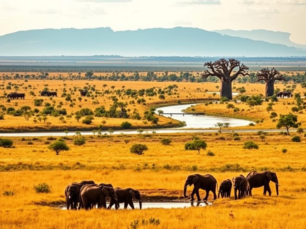 A panoramic vista of the Tarangire National Park in Tanzania during the best time to visit, the dry season. In the foreground, a herd of elephants gathers around a watering hole, their massive bodies silhouetted against a golden, sun-dappled landscape. The middle ground features a sprawling savanna, dotted with acacia trees and a winding river. In the distance, the iconic Baobab trees stand tall, their twisted trunks framing a cloudless, azure sky. Soft, warm lighting bathes the scene, creating a serene and inviting atmosphere that captures the essence of the park's prime visitation period.
