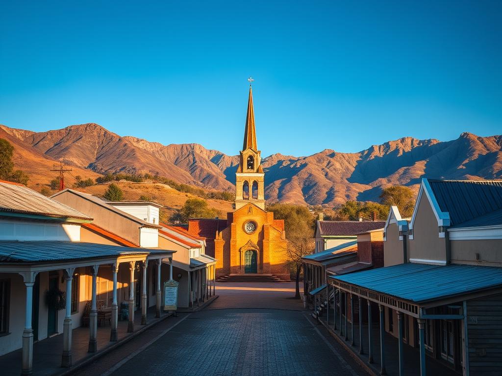 A picturesque 19th-century gold rush town nestled in the lush, rolling hills of South Africa's Mpumalanga province. In the foreground, charming Victorian-era buildings line the quaint streets, their whitewashed facades and corrugated tin roofs bathed in warm, golden sunlight. In the middle ground, the steeple of a historic church rises above the rooftops, its bell tower casting long shadows across the cobblestone plaza. In the background, rugged mountains loom, their jagged peaks silhouetted against a brilliant azure sky. A sense of timeless tranquility and old-world charm pervades the scene, inviting the viewer to step back in time and explore the rich cultural and historical tapestry of this captivating Mpumalanga gem. A picturesque 19th-century gold rush town nestled in the lush, rolling hills of South Africa's Mpumalanga province. In the foreground, charming Victorian-era buildings line the quaint streets, their whitewashed facades and corrugated tin roofs bathed in warm, golden sunlight. In the middle ground, the steeple of a historic church rises above the rooftops, its bell tower casting long shadows across the cobblestone plaza. In the background, rugged mountains loom, their jagged peaks silhouetted against a brilliant azure sky. A sense of timeless tranquility and old-world charm pervades the scene, inviting the viewer to step back in time and explore the rich cultural and historical tapestry of this captivating Mpumalanga gem.