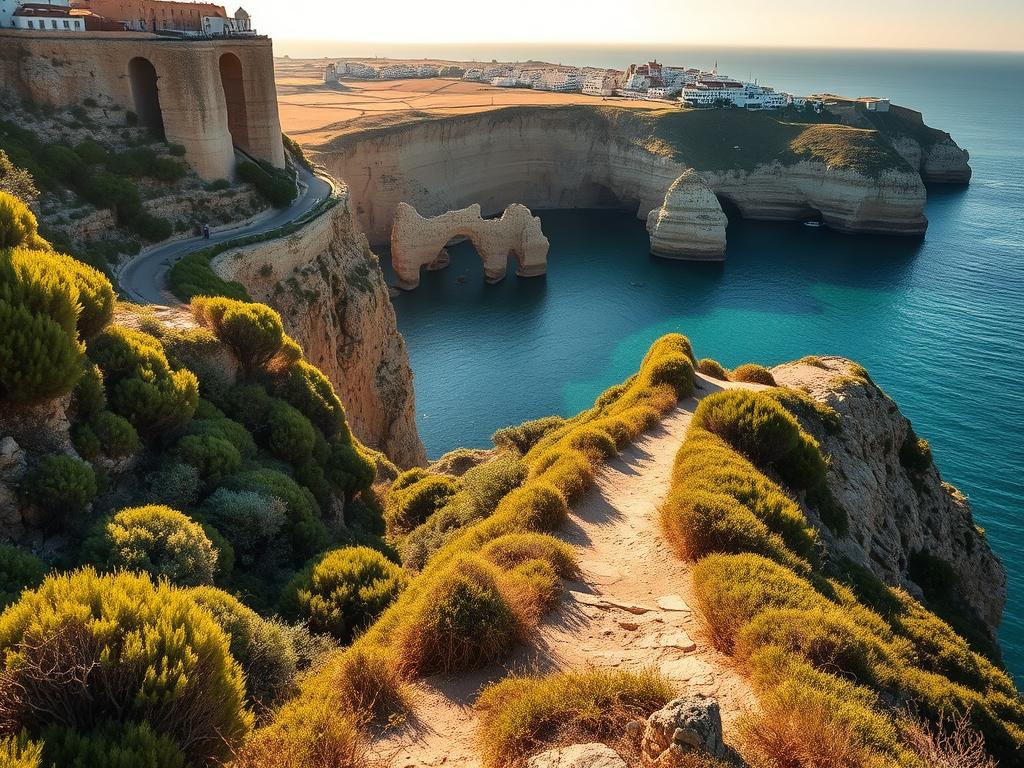 A picturesque coastal path winds along the rugged cliffs of the Algarve, Portugal. The warm Mediterranean sun bathes the scene in a soft, golden glow, casting long shadows across the weathered limestone formations. In the foreground, a well-maintained trail leads hikers through lush, indigenous vegetation, offering glimpses of the turquoise waters below. The middle ground features dramatic rock formations and secluded coves, inviting exploration. In the distance, the horizon is dotted with charming whitewashed villages perched atop the cliffs, creating a serene and quintessentially Algarvian atmosphere. This stunning natural landscape, with its blend of land and sea, embodies the essence of outdoor activities along the Algarve coast.