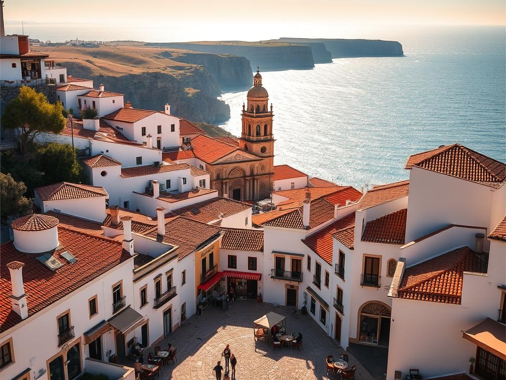 A picturesque historic town nestled along the stunning Algarve coastline, bathed in warm golden sunlight. Charming whitewashed buildings with vibrant tiled roofs cascade down a hillside, their facades adorned with intricate Moorish architectural details. In the foreground, a quaint cobblestone square is bustling with locals and visitors, sipping coffee at sidewalk cafes or browsing artisanal shops. The middle ground reveals a magnificent Baroque cathedral, its ornate bell tower rising majestically above the terracotta rooftops. In the distance, the sparkling azure waters of the Atlantic Ocean stretch out to the horizon, framed by rugged, sun-kissed cliffs. An atmosphere of timeless elegance and cultural heritage permeates this captivating Algarvian townscape.