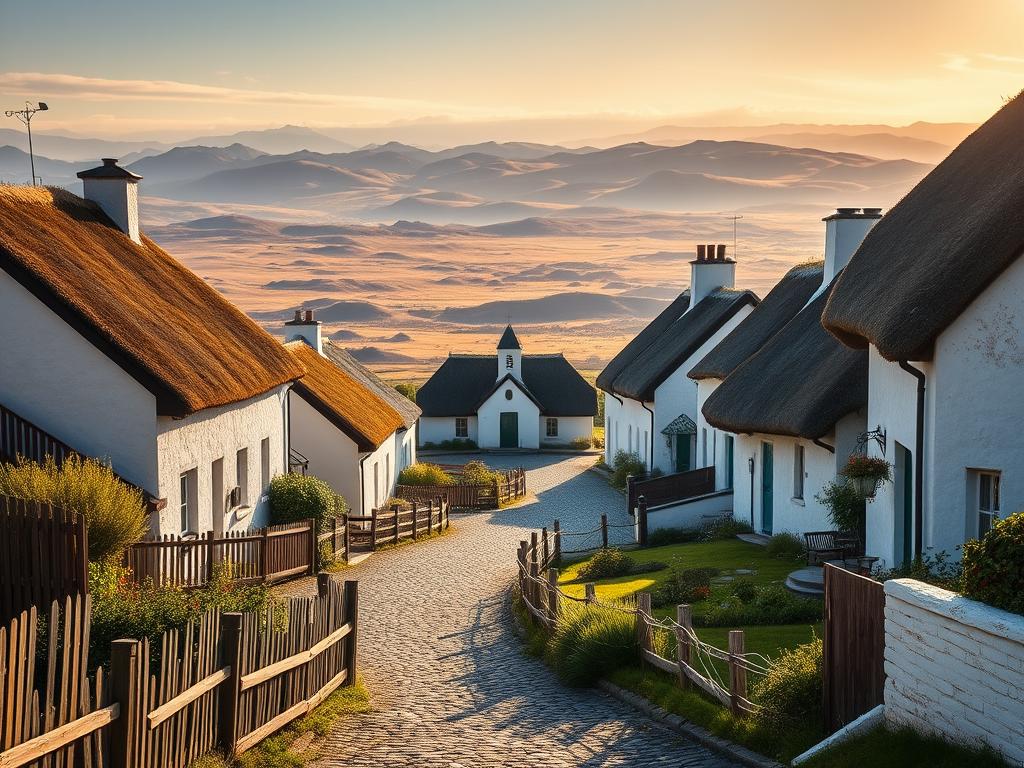 A picturesque historical settlement nestled on the rugged Falkland Islands, with traditional whitewashed cottages and thatch-roofed buildings lining winding cobblestone streets. In the foreground, weathered wooden fences and lush green gardens complement the quaint architecture. The middle ground features a central square with a modest church steeple, while in the background, rolling hills and the vast, windswept landscape create a serene, timeless atmosphere. Warm, golden sunlight bathes the scene, casting soft shadows and imbuing the image with a sense of tranquility and preservation of the islands' cultural heritage.