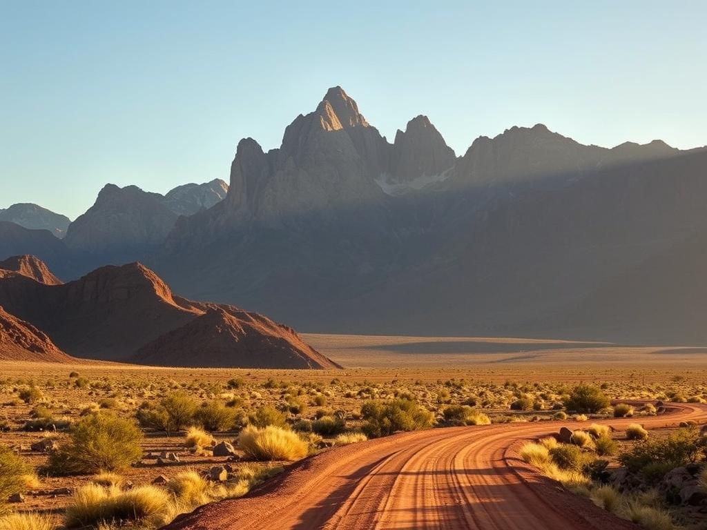 A picturesque landscape featuring the majestic Spitzkoppe mountain range in Namibia, Africa. The towering granite peaks rise dramatically against a clear sky, casting long shadows across the rugged terrain below. In the foreground, a winding dirt road leads towards the mountains, flanked by sparse vegetation and rocky outcroppings. The lighting is warm and golden, creating a sense of tranquility and timelessness. The composition emphasizes the scale and grandeur of the natural setting, inviting the viewer to imagine the journey towards this remote and captivating destination.