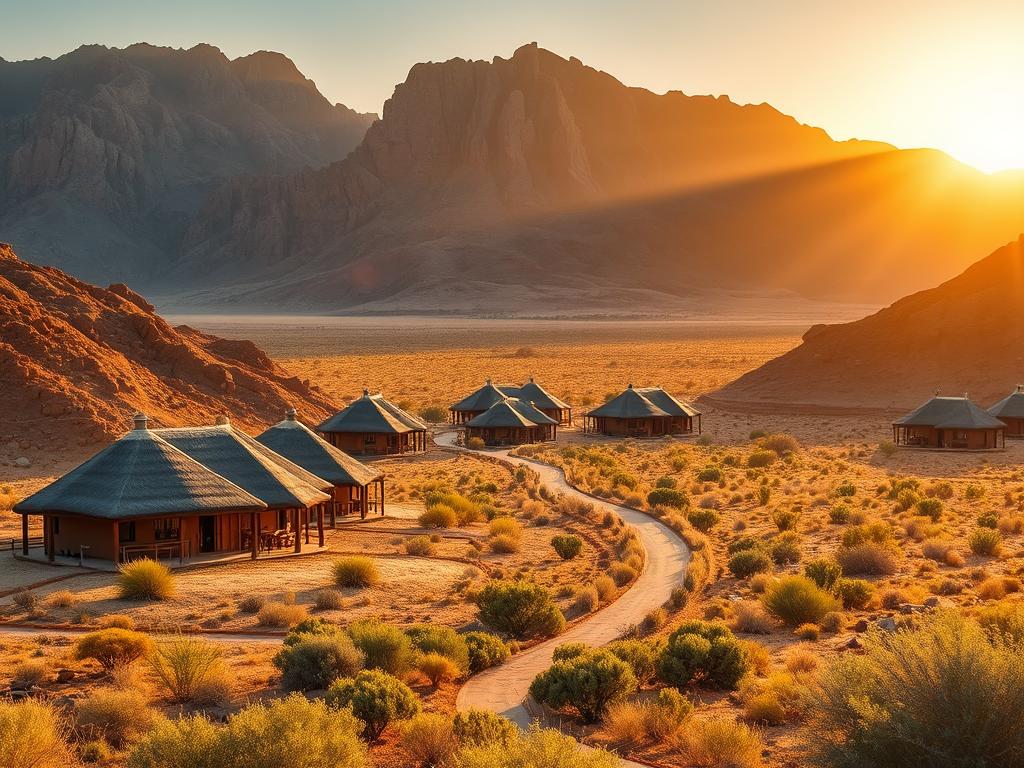 A picturesque landscape in Damaraland, Namibia, showcasing a variety of rustic, yet charming accommodations. In the foreground, a cluster of thatched-roof bungalows nestled among the rugged, ochre-hued hills, blending seamlessly with the natural surroundings. Midground, a winding path leads through a sparse, yet vibrant desert vegetation, inviting visitors to explore the region's unique ecosystems. In the background, towering, sun-kissed mountains frame the scene, creating a dramatic, awe-inspiring backdrop. The warm, golden light casts a soft, inviting glow over the entire setting, evoking a sense of tranquility and adventure. A serene, yet captivating image that captures the essence of Damaraland's accommodations and the region's breathtaking natural beauty. A picturesque landscape in Damaraland, Namibia, showcasing a variety of rustic, yet charming accommodations. In the foreground, a cluster of thatched-roof bungalows nestled among the rugged, ochre-hued hills, blending seamlessly with the natural surroundings. Midground, a winding path leads through a sparse, yet vibrant desert vegetation, inviting visitors to explore the region's unique ecosystems. In the background, towering, sun-kissed mountains frame the scene, creating a dramatic, awe-inspiring backdrop. The warm, golden light casts a soft, inviting glow over the entire setting, evoking a sense of tranquility and adventure. A serene, yet captivating image that captures the essence of Damaraland's accommodations and the region's breathtaking natural beauty.