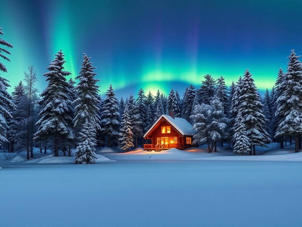 A picturesque landscape that captures the essence of Finland's climate and seasons. In the foreground, a serene frozen lake surrounded by snow-capped pine trees, their branches laden with fresh snowfall. The middle ground features a cozy log cabin nestled amidst a winter wonderland, its warm glow contrasting with the icy hues of the environment. In the background, a vibrant aurora borealis dances across the night sky, casting a mesmerizing display of color and light. The scene is bathed in a soft, natural lighting that highlights the pristine, untouched beauty of the Finnish wilderness. The overall mood is one of tranquility, wonder, and the harmonious interplay between nature and the changing seasons.