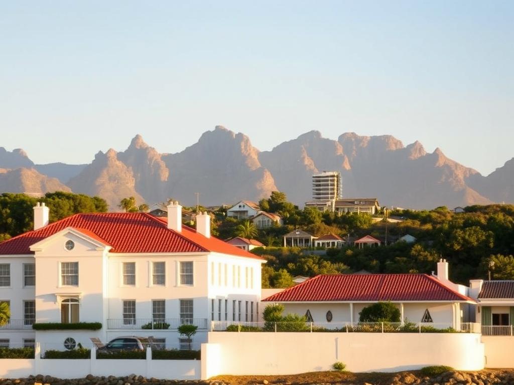 A picturesque scene of accommodation options along the stunning Cape Peninsula in South Africa. A serene beachfront hotel with a classic colonial architectural style stands in the foreground, its white walls and red tile roof gleaming in the warm afternoon sunlight. In the middle ground, a cluster of charming cottages nestled among lush greenery invite visitors to experience the tranquil coastal lifestyle. In the distance, rugged mountains rise majestically, their peaks capped with a soft haze. The composition evokes a sense of timeless elegance and the natural beauty that makes the Cape Peninsula a premier destination. Subtle, natural lighting and a soft, golden color palette create a welcoming, relaxing atmosphere.