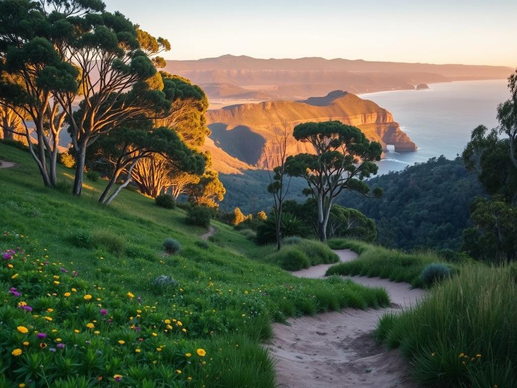 A picturesque scene of the Royal National Park in Sydney, Australia. In the foreground, a winding hiking trail winds through a lush, verdant landscape dotted with vibrant wildflowers. In the middle ground, majestic eucalyptus trees cast gentle shadows, creating a serene atmosphere. The background features the iconic sandstone cliffs and rolling hills that define the park's dramatic coastline, bathed in warm, golden sunlight. The lighting is soft and diffused, creating a sense of tranquility and natural beauty. The camera angle is slightly elevated, giving a panoramic view of the scenic vistas. Overall, this image captures the essence of the park's practical tips and local recommendations, inviting the viewer to immerse themselves in the natural wonder of this Australian treasure. A picturesque scene of the Royal National Park in Sydney, Australia. In the foreground, a winding hiking trail winds through a lush, verdant landscape dotted with vibrant wildflowers. In the middle ground, majestic eucalyptus trees cast gentle shadows, creating a serene atmosphere. The background features the iconic sandstone cliffs and rolling hills that define the park's dramatic coastline, bathed in warm, golden sunlight. The lighting is soft and diffused, creating a sense of tranquility and natural beauty. The camera angle is slightly elevated, giving a panoramic view of the scenic vistas. Overall, this image captures the essence of the park's practical tips and local recommendations, inviting the viewer to immerse themselves in the natural wonder of this Australian treasure.