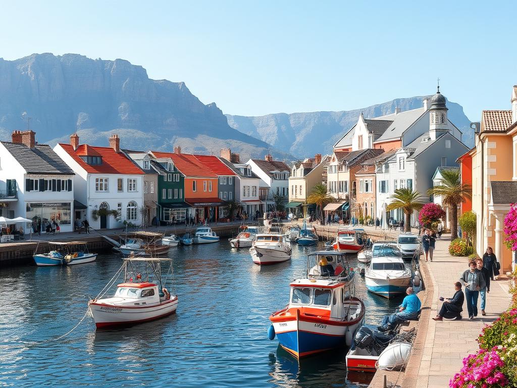 A picturesque seaside village nestled on the Cape Peninsula, with charming Cape Dutch-style buildings lining the bustling harbor. Fishing boats gently sway in the calm waters as locals and visitors stroll along the quaint promenade, taking in the salty sea air and stunning views of the rugged cliffs in the distance. The warm Mediterranean-like climate lends a relaxed, coastal atmosphere, accentuated by the vibrant colors of the boats, buildings, and blooming flora. A wide-angle lens captures the idyllic scene, showcasing the harmony between the natural beauty and human-built elements of this quintessential South African coastal town.