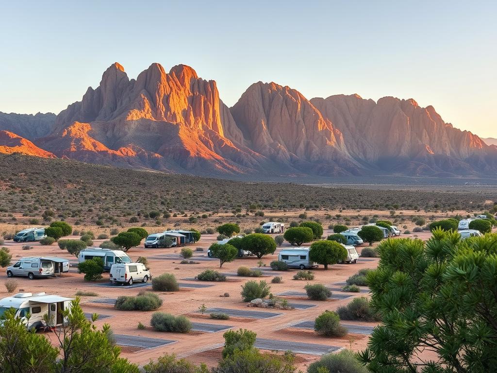 A pristine campsite nestled in the shadows of the majestic Spitzkoppe mountains, Namibia. Rugged granite peaks rise dramatically in the distance, their weathered faces glowing in the warm, golden light of the setting sun. In the foreground, an orderly array of camping spots, each with a dedicated parking space and modest amenities. A sense of tranquility pervades the scene, with a few solitary tents dotting the landscape. The campsite is framed by indigenous shrubs and trees, their verdant foliage providing a lush, natural backdrop. Capture the essence of this serene, off-the-grid getaway, where adventurous travelers can immerse themselves in the raw, untamed beauty of the Namibian wilderness.