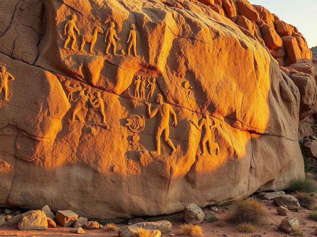 A remote rock face in the rugged Damaraland landscape, illuminated by warm, golden afternoon light. Detailed rock carvings of human figures, animals, and abstract symbols adorn the surface, creating a captivating display of the Damara people's rich cultural heritage. The carvings are weathered but still clearly visible, evoking a sense of timelessness and connection to the region's ancient past. The composition emphasizes the scale and grandeur of the natural setting, with the carved rock formations standing out against the backdrop of the Namibian wilderness. A remote rock face in the rugged Damaraland landscape, illuminated by warm, golden afternoon light. Detailed rock carvings of human figures, animals, and abstract symbols adorn the surface, creating a captivating display of the Damara people's rich cultural heritage. The carvings are weathered but still clearly visible, evoking a sense of timelessness and connection to the region's ancient past. The composition emphasizes the scale and grandeur of the natural setting, with the carved rock formations standing out against the backdrop of the Namibian wilderness.