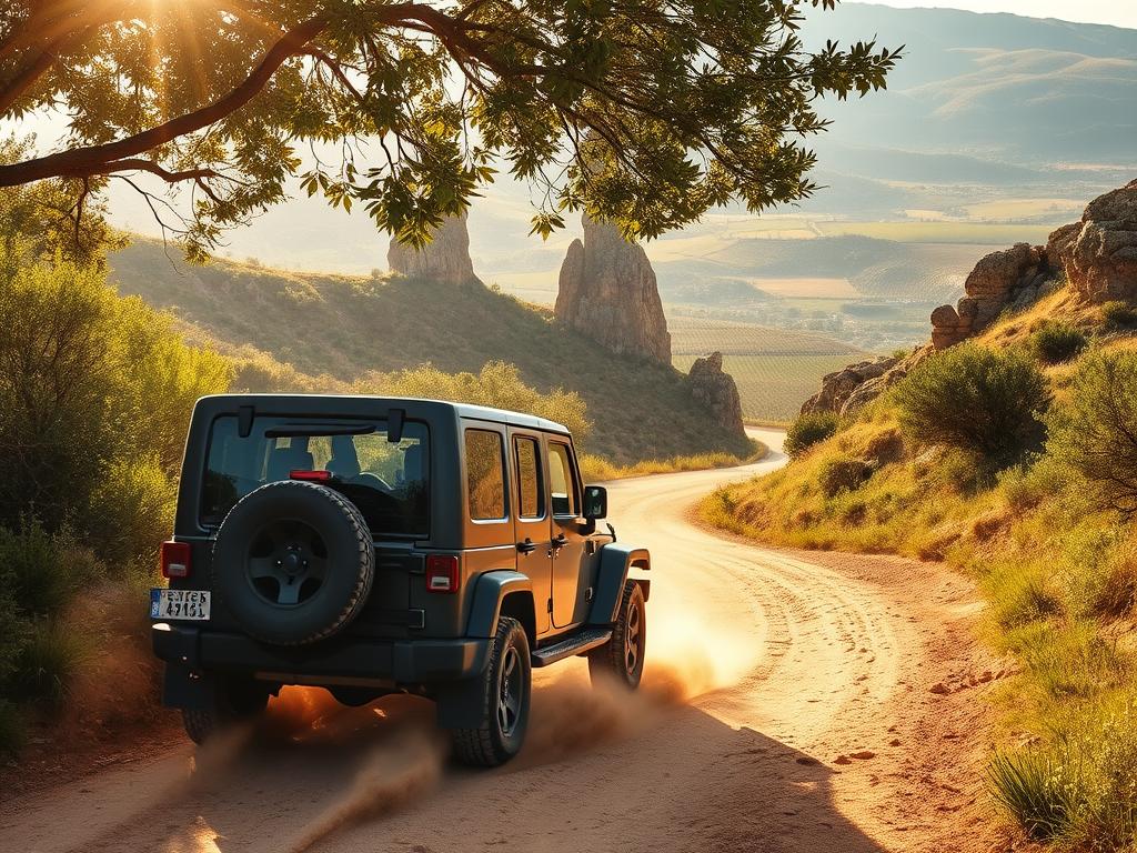 A rugged Jeep traversing a winding dirt road through the lush, rolling hills of the Algarve's inland region. The vehicle's tires kick up a cloud of dust as it navigates the rough terrain, surrounded by lush green vegetation and the occasional towering rock formation. Sunlight filters through the leaves, casting a warm, golden glow over the scene. In the distance, vineyards dot the landscape, hinting at the promise of flavorful local wines to be discovered. The adventurous mood is palpable, inviting the viewer to join this off-road safari through the untamed heart of Portugal's picturesque southern coast.