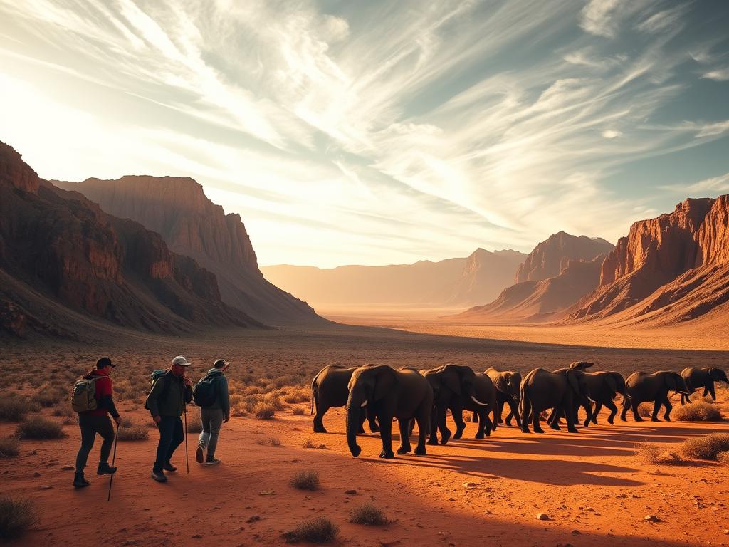 A rugged landscape of towering ochre-hued mountains, craggy cliffs, and sweeping valleys in Damaraland, Namibia. In the foreground, a group of adventurers trekking through the arid terrain, their silhouettes set against the warm, golden light of the setting sun. The middle ground features a herd of desert-adapted elephants, their massive forms casting long shadows across the dusty ground. In the distance, a vast, open sky filled with wispy clouds, creating a serene and tranquil atmosphere. The scene conveys a sense of exploration, discovery, and the raw, untamed beauty of this remarkable region. Captured with a wide-angle lens, the image invites the viewer to immerse themselves in the majesty of Damaraland's natural wonders. A rugged landscape of towering ochre-hued mountains, craggy cliffs, and sweeping valleys in Damaraland, Namibia. In the foreground, a group of adventurers trekking through the arid terrain, their silhouettes set against the warm, golden light of the setting sun. The middle ground features a herd of desert-adapted elephants, their massive forms casting long shadows across the dusty ground. In the distance, a vast, open sky filled with wispy clouds, creating a serene and tranquil atmosphere. The scene conveys a sense of exploration, discovery, and the raw, untamed beauty of this remarkable region. Captured with a wide-angle lens, the image invites the viewer to immerse themselves in the majesty of Damaraland's natural wonders.