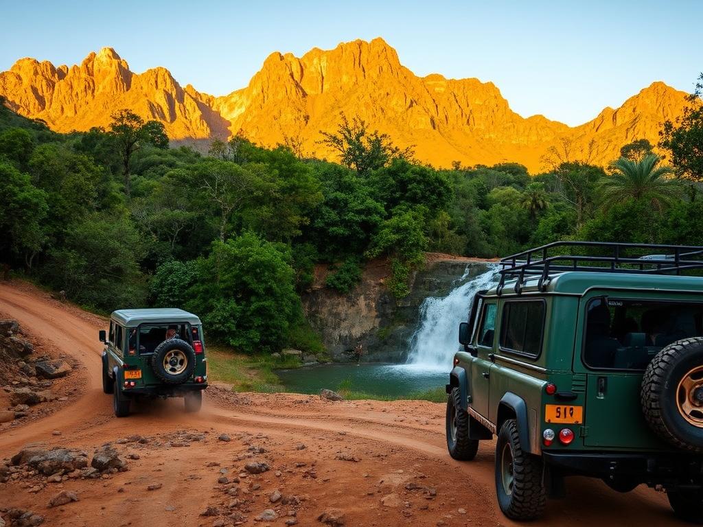 A rugged, off-the-beaten-path adventure in the heart of South Africa's untamed wilderness. In the foreground, a group of friends embark on a thrilling 4x4 excursion, navigating rocky terrain and dusty tracks. In the middle ground, a serene waterfall cascades amidst lush, verdant foliage, inviting exploration. The background features towering mountains with a golden, sun-dappled glow, creating a sense of grandeur and exploration. The lighting is warm and natural, capturing the vibrant colors of the environment. The overall mood is one of excitement, discovery, and the thrill of adventure off the beaten path.
