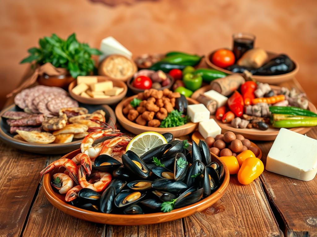 A rustic wooden table adorned with a vibrant array of local delicacies from the Damaraland region of Namibia. In the foreground, a platter overflows with fresh seafood, including juicy prawns and steamed mussels, accompanied by a zesty lemon wedge. Beside it, a selection of cured meats and artisanal cheeses, each showcasing the rich flavors of the local terroir. In the middle ground, an assortment of traditional breads and freshly harvested vegetables, such as roasted peppers and grilled eggplant, create a visually enticing spread. The background is set against a warm, earthy backdrop, evoking the natural beauty of the Damaraland landscape. Soft, directional lighting casts a subtle glow over the scene, highlighting the textures and vibrant colors of the regional specialties. A rustic wooden table adorned with a vibrant array of local delicacies from the Damaraland region of Namibia. In the foreground, a platter overflows with fresh seafood, including juicy prawns and steamed mussels, accompanied by a zesty lemon wedge. Beside it, a selection of cured meats and artisanal cheeses, each showcasing the rich flavors of the local terroir. In the middle ground, an assortment of traditional breads and freshly harvested vegetables, such as roasted peppers and grilled eggplant, create a visually enticing spread. The background is set against a warm, earthy backdrop, evoking the natural beauty of the Damaraland landscape. Soft, directional lighting casts a subtle glow over the scene, highlighting the textures and vibrant colors of the regional specialties.