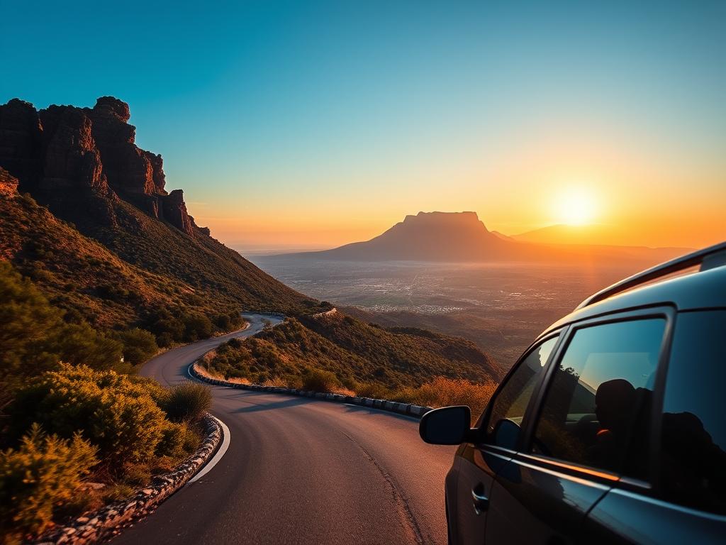 A scenic South African panoramic landscape, captured at golden hour. In the foreground, a rental car navigates a winding mountain road, framed by lush vegetation and dramatic rock formations. The middle ground reveals a vast, undulating valley dotted with small villages and farms. In the distance, the iconic Table Mountain silhouette stands tall against a vibrant, glowing sky. Subtle lens flare adds depth and atmosphere. The scene evokes a sense of adventure, serenity, and the magnificence of the Panorama Route. A scenic South African panoramic landscape, captured at golden hour. In the foreground, a rental car navigates a winding mountain road, framed by lush vegetation and dramatic rock formations. The middle ground reveals a vast, undulating valley dotted with small villages and farms. In the distance, the iconic Table Mountain silhouette stands tall against a vibrant, glowing sky. Subtle lens flare adds depth and atmosphere. The scene evokes a sense of adventure, serenity, and the magnificence of the Panorama Route.