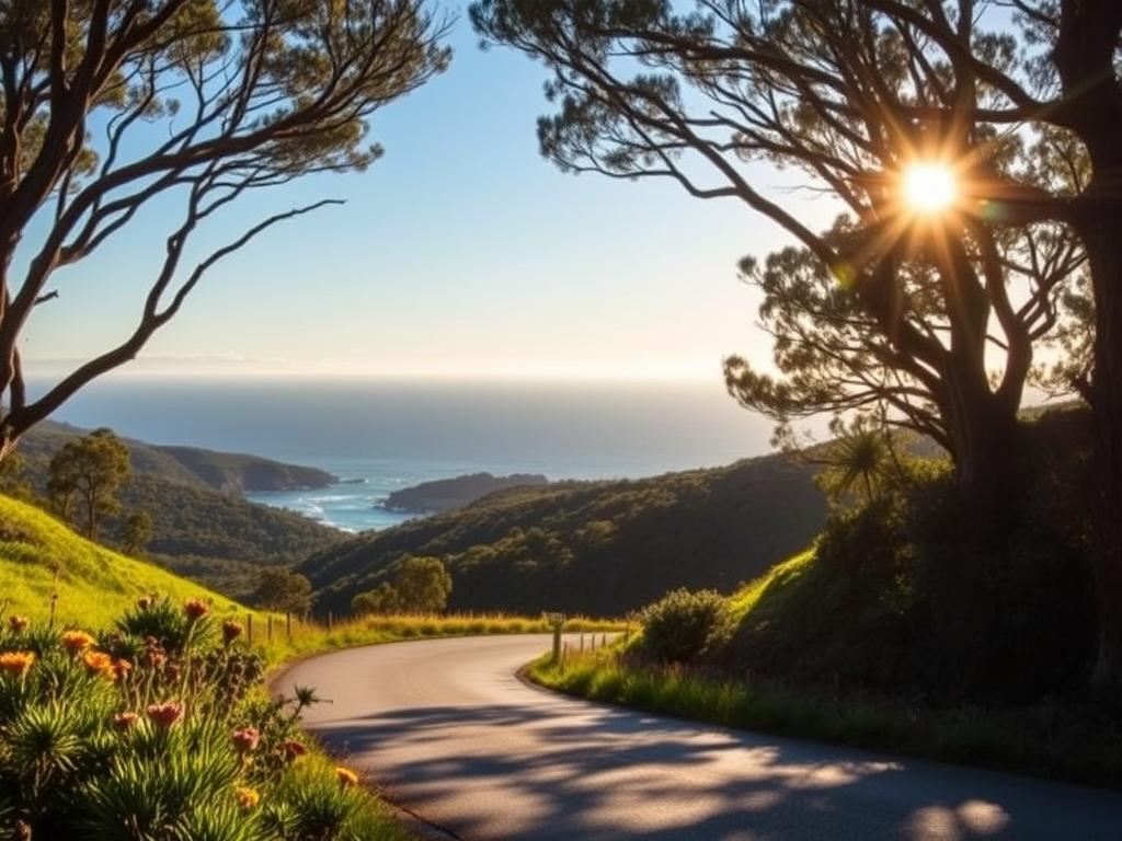 A scenic countryside road winds through lush, verdant hills, leading to the majestic entrance of the Royal National Park. Sunlight filters through the canopy of towering eucalyptus trees, casting a warm, golden glow across the scene. In the distance, a glimpse of the park's rugged coastline can be seen, with rocky cliffs and azure waters stretching out to the horizon. The foreground is dotted with native Australian flora, adding vibrant splashes of color to the tranquil landscape. The overall atmosphere conveys a sense of adventure, inviting the viewer to explore the natural wonders that await within the park. A scenic countryside road winds through lush, verdant hills, leading to the majestic entrance of the Royal National Park. Sunlight filters through the canopy of towering eucalyptus trees, casting a warm, golden glow across the scene. In the distance, a glimpse of the park's rugged coastline can be seen, with rocky cliffs and azure waters stretching out to the horizon. The foreground is dotted with native Australian flora, adding vibrant splashes of color to the tranquil landscape. The overall atmosphere conveys a sense of adventure, inviting the viewer to explore the natural wonders that await within the park.