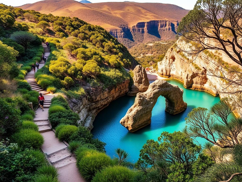 A scenic hiking trail winds through lush, verdant foliage of the Royal National Park, leading to the captivating Figure 8 Pools. In the foreground, the distinctive figure-eight rock formations rise from the azure waters, reflecting the brilliant sunlight. In the middle ground, hikers traverse the rugged terrain, taking in the breathtaking views. The background showcases the majestic cliffs and rolling hills that frame this natural wonder, bathed in warm, golden tones. The overall atmosphere is one of serene exploration, capturing the essence of this remarkable destination within the park. A scenic hiking trail winds through lush, verdant foliage of the Royal National Park, leading to the captivating Figure 8 Pools. In the foreground, the distinctive figure-eight rock formations rise from the azure waters, reflecting the brilliant sunlight. In the middle ground, hikers traverse the rugged terrain, taking in the breathtaking views. The background showcases the majestic cliffs and rolling hills that frame this natural wonder, bathed in warm, golden tones. The overall atmosphere is one of serene exploration, capturing the essence of this remarkable destination within the park.