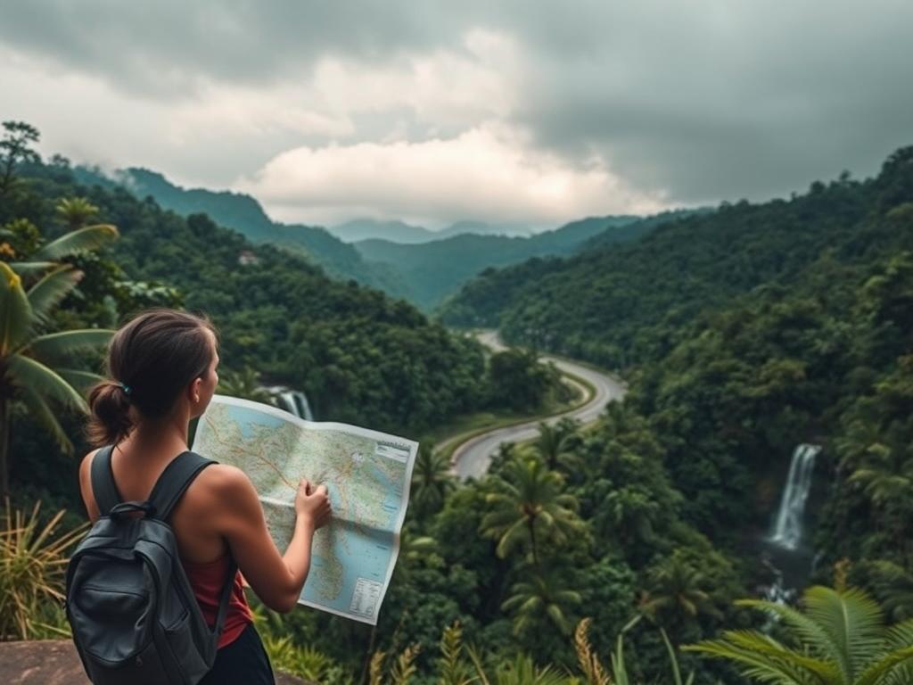 A scenic landscape of a tropical paradise in Thailand during the rainy season. In the foreground, a traveler stands with a map, contemplating flexible travel routes amidst the lush greenery and cascading waterfalls. The middle ground features a winding road leading through rolling hills, hinting at the adaptability required for rainy season explorations. In the background, ominous storm clouds suggest the unpredictable weather, yet the overall mood is one of adventure and anticipation. Warm, diffused lighting casts a gentle glow, accentuating the vibrant colors of the flora. The composition invites the viewer to imagine the possibilities of a flexible, rain-friendly Thailand itinerary.