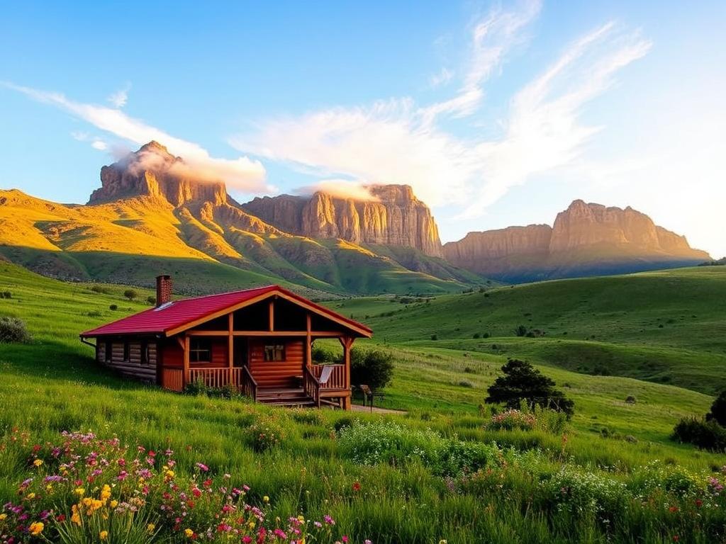 A scenic view of a cozy lodge nestled in the lush, rolling hills of the Golden Gate Highlands National Park in South Africa. The wooden cabin with a charming porch is surrounded by verdant meadows, dotted with vibrant wildflowers. In the background, rugged sandstone cliffs rise majestically, bathed in the warm glow of the afternoon sun. Wispy clouds drift lazily across a clear, azure sky. The overall atmosphere exudes a sense of tranquility and natural beauty, inviting visitors to relax and immerse themselves in the park's serene environment. A scenic view of a cozy lodge nestled in the lush, rolling hills of the Golden Gate Highlands National Park in South Africa. The wooden cabin with a charming porch is surrounded by verdant meadows, dotted with vibrant wildflowers. In the background, rugged sandstone cliffs rise majestically, bathed in the warm glow of the afternoon sun. Wispy clouds drift lazily across a clear, azure sky. The overall atmosphere exudes a sense of tranquility and natural beauty, inviting visitors to relax and immerse themselves in the park's serene environment.