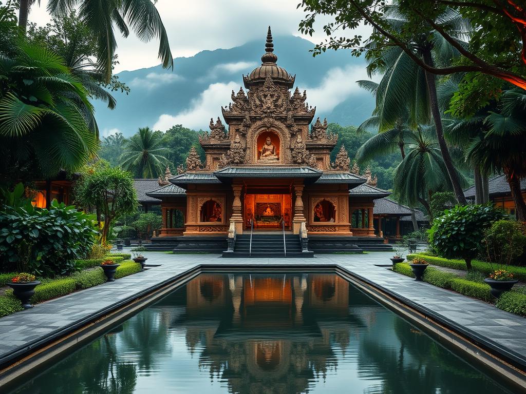 A serene Hindu temple nestled amidst lush tropical foliage, its ornate façade bathed in soft, warm lighting. Intricate carvings and statues adorn the temple's entrance, inviting visitors to step into a realm of spiritual contemplation. The middle ground features a tranquil reflecting pool, its still waters mirroring the temple's grandeur. In the background, a mountainous landscape shrouded in mist adds a sense of mystique and timelessness. The overall atmosphere evokes a profound connection to the spiritual essence of Ubud, drawing the viewer into a contemplative, almost meditative state.