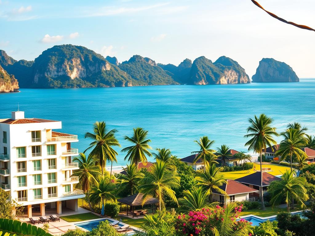 A serene coastal landscape in Ao Nang, Thailand, featuring a variety of hotel and resort accommodations. In the foreground, a picturesque seaside hotel with a modern, minimalist design stands amidst lush tropical foliage. In the middle ground, a row of quaint beachfront bungalows and villas nestled among palm trees and vibrant flowers. The background showcases the stunning limestone cliffs and azure waters of the Andaman Sea, bathed in warm, golden sunlight. The scene conveys a sense of tranquility and relaxation, perfectly capturing the idyllic nature of Ao Nang's hospitality and natural beauty.