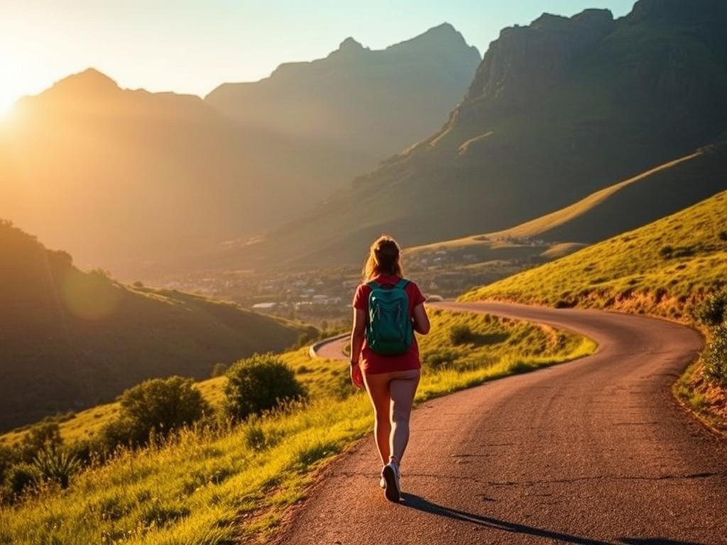 A serene landscape in South Africa, with a woman walking along a winding road flanked by lush, rolling hills. The sun casts a warm, golden glow over the scene, creating a sense of tranquility and adventure. In the foreground, a backpack-wearing traveler explores the scenic route, capturing the essence of a solo female journey through the country. The middle ground features a picturesque village nestled between the hills, hinting at the cultural richness that awaits the adventurer. The background showcases the majestic, rugged mountains that form the backdrop of this breathtaking region. The image conveys a feeling of self-discovery, personal growth, and the boundless possibilities of a solo female travel experience in South Africa.