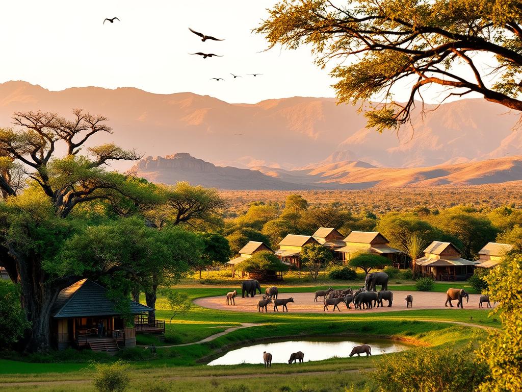 A serene, lush landscape of the Tarangire National Park, Tanzania. In the foreground, a cluster of intimate, eco-friendly lodges nestled among towering baobab trees, their thatched roofs and wooden decks blending seamlessly with the natural surroundings. In the middle ground, a watering hole where herds of elephants, zebras, and antelopes quench their thirst, while birds soar overhead. The background is dominated by the rugged, rolling hills of the park, bathed in the warm, golden glow of the African sun. The overall atmosphere is one of tranquility and harmony, inviting visitors to immerse themselves in the beauty and wonder of Tarangire's wilderness.