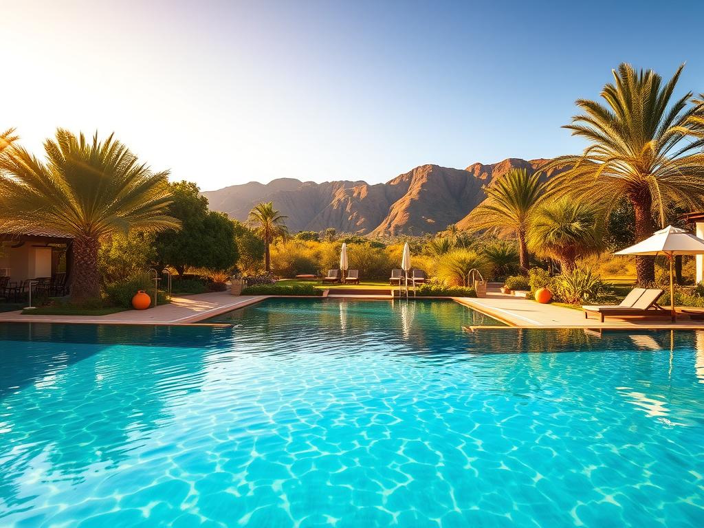 A serene outdoor pool area at a luxury resort in Namibia. In the foreground, crystal-clear turquoise water glistens under the warm, golden sun, inviting guests to relax and unwind. Surrounding the pool, a lush, verdant landscape of palm trees and indigenous flora creates a tranquil, oasis-like atmosphere. In the middle ground, elegant loungers and umbrellas dot the poolside, offering ample space for guests to lounge and soak up the sun. The background features the striking silhouette of the Namibian landscape, with rugged, ochre-colored hills and a clear, azure sky above. Soft, diffused lighting bathes the scene in a warm, dreamlike glow, creating a serene and rejuvenating ambiance perfect for a wellness and leisure retreat.