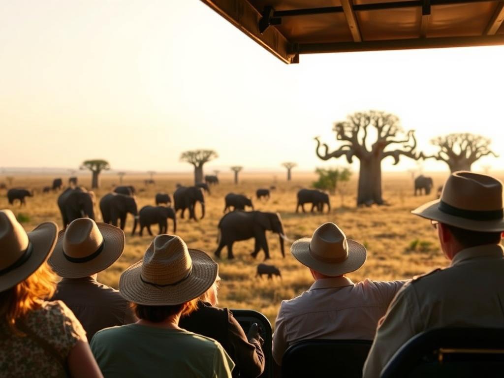 A serene safari scene in the Tarangire National Park, Tanzania. In the foreground, a group of safari-goers in khaki and sun hats observe wildlife from an open-air vehicle, their faces filled with wonder. The middle ground features a herd of elephants peacefully grazing, their massive forms silhouetted against the warm, golden light of the afternoon sun. In the distant background, the iconic baobab trees dot the savanna landscape, their twisted trunks reaching skyward. The overall mood is one of tranquility and immersion in the natural wonder of the African bush.