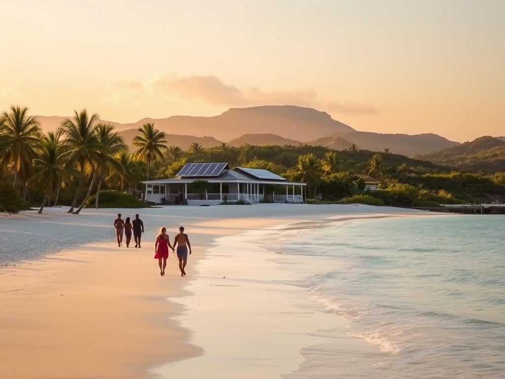 A serene seaside scene in Varadero, Cuba, showcasing sustainable tourism. In the foreground, a group of eco-conscious travelers stroll along a pristine beach, admiring the crystal-clear waters and lush palm trees. In the middle ground, a beachfront eco-lodge blends seamlessly into the natural landscape, its solar panels and sustainable design principles on display. In the background, the iconic Península Hicacos stretches out, its rolling hills and verdant vegetation a testament to the region's commitment to environmental preservation. Soft, warm lighting casts a golden glow over the scene, creating an atmosphere of tranquility and harmony between humanity and nature.