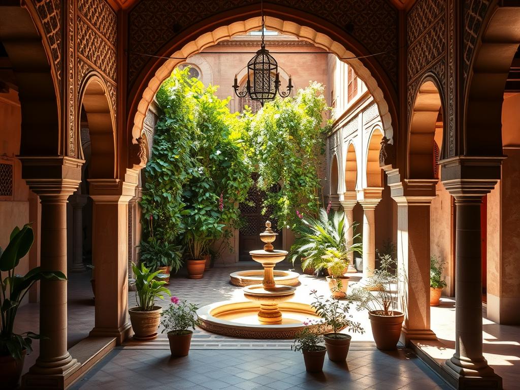 A serene, sun-dappled Riad courtyard in Marrakesh, Morocco. The intricate, ornate stone archways frame a lush, verdant oasis of tranquility, with a central fountain surrounded by potted plants and fragrant flowers. Soft, warm light filters through the open-air space, casting gentle shadows and reflecting off the tiled floors. The architecture exhibits intricate Islamic patterns and arched entryways, exuding a sense of timeless luxury and authentic Moroccan charm. This peaceful, intimate haven offers a respite from the bustling medina, embodying the essence of traditional Riad living.