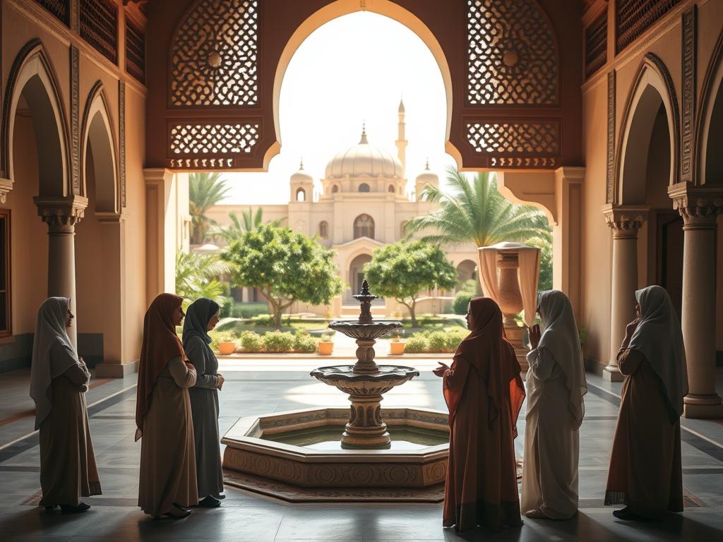 A serene, sun-drenched courtyard in a traditional Saudi Arabian palace, its ornate arched doorways and intricate latticework casting soft shadows on the ornamental fountain at the center. In the foreground, a group of elegantly attired women in flowing robes and headscarves engage in a conversation, their gestures and expressions conveying the graceful etiquette of Saudi culture. The background features lush greenery and a glimpse of the iconic domed architecture, creating a sense of timeless elegance and refinement. The lighting is warm and diffused, capturing the tranquil ambiance of this cultural scene. A wide-angle lens with a shallow depth of field emphasizes the central tableau while hinting at the broader context of Saudi Arabian heritage.