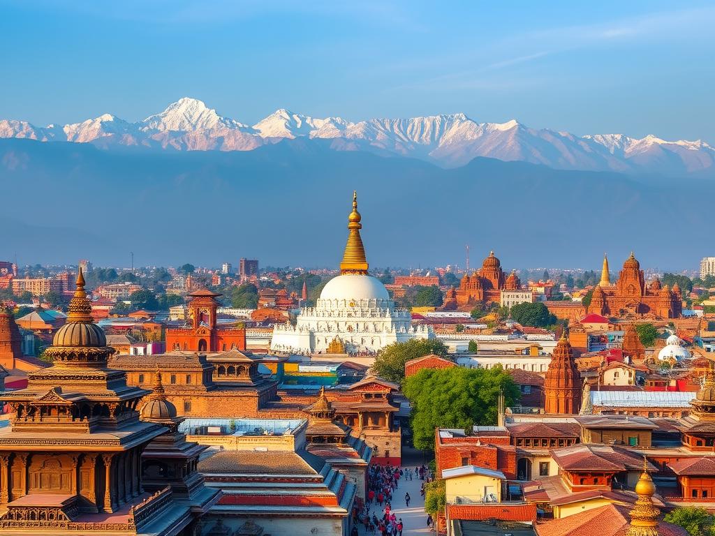 A stunning aerial view of the UNESCO World Heritage sites in the Kathmandu Valley, Nepal. In the foreground, the ornate and intricate temples of Patan Durbar Square stand in harmonious contrast to the vibrant city streets bustling with life. The middle ground reveals the iconic Boudhanath Stupa, its white dome and towering spire commanding attention. In the distance, the ancient royal palaces and temples of Bhaktapur Durbar Square are bathed in warm, golden light, showcasing the region's rich cultural and architectural heritage. The scene is framed by the majestic Himalayan mountains, creating a breathtaking landscape that captures the essence of this UNESCO-protected wonder. A stunning aerial view of the UNESCO World Heritage sites in the Kathmandu Valley, Nepal. In the foreground, the ornate and intricate temples of Patan Durbar Square stand in harmonious contrast to the vibrant city streets bustling with life. The middle ground reveals the iconic Boudhanath Stupa, its white dome and towering spire commanding attention. In the distance, the ancient royal palaces and temples of Bhaktapur Durbar Square are bathed in warm, golden light, showcasing the region's rich cultural and architectural heritage. The scene is framed by the majestic Himalayan mountains, creating a breathtaking landscape that captures the essence of this UNESCO-protected wonder.