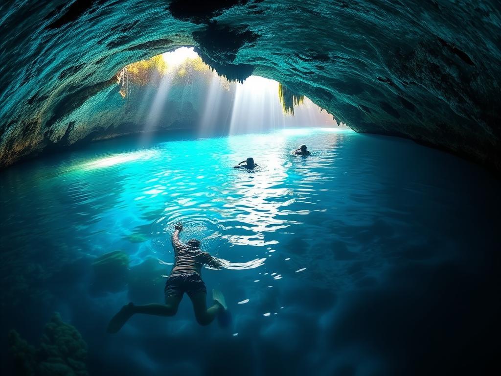 A stunning cenote oasis nestled in the lush vegetation of Varadero, Cuba. Sunlight filters through the azure waters, illuminating the limestone walls and creating a mesmerizing underwater world. Snorkelers and divers explore the crystal-clear depths, marveling at the vibrant aquatic life and the ancient geological formations. The scene exudes a serene, otherworldly atmosphere, inviting visitors to immerse themselves in nature's enchanting beauty. Captured with a wide-angle lens, the image showcases the cenote's impressive scale and the sense of tranquility that pervades this natural wonder.