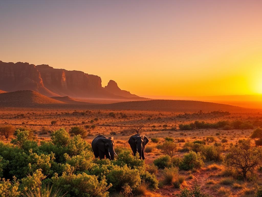 A stunning panoramic view of a picturesque Namibian national park at golden hour. In the foreground, a family of elephants emerges from a lush, verdant thicket, their massive frames silhouetted against the vibrant orange sky. The middle ground is filled with rolling hills and rocky outcroppings, dotted with an assortment of indigenous flora and fauna. In the background, the majestic Brandberg Mountains stand tall, their jagged peaks casting long shadows across the landscape. Warm, diffused lighting bathes the scene, creating a sense of tranquility and wonder. A wide-angle lens captures the grandeur of this safari-worthy destination, showcasing the best that Namibia's natural splendor has to offer during the prime safari months.