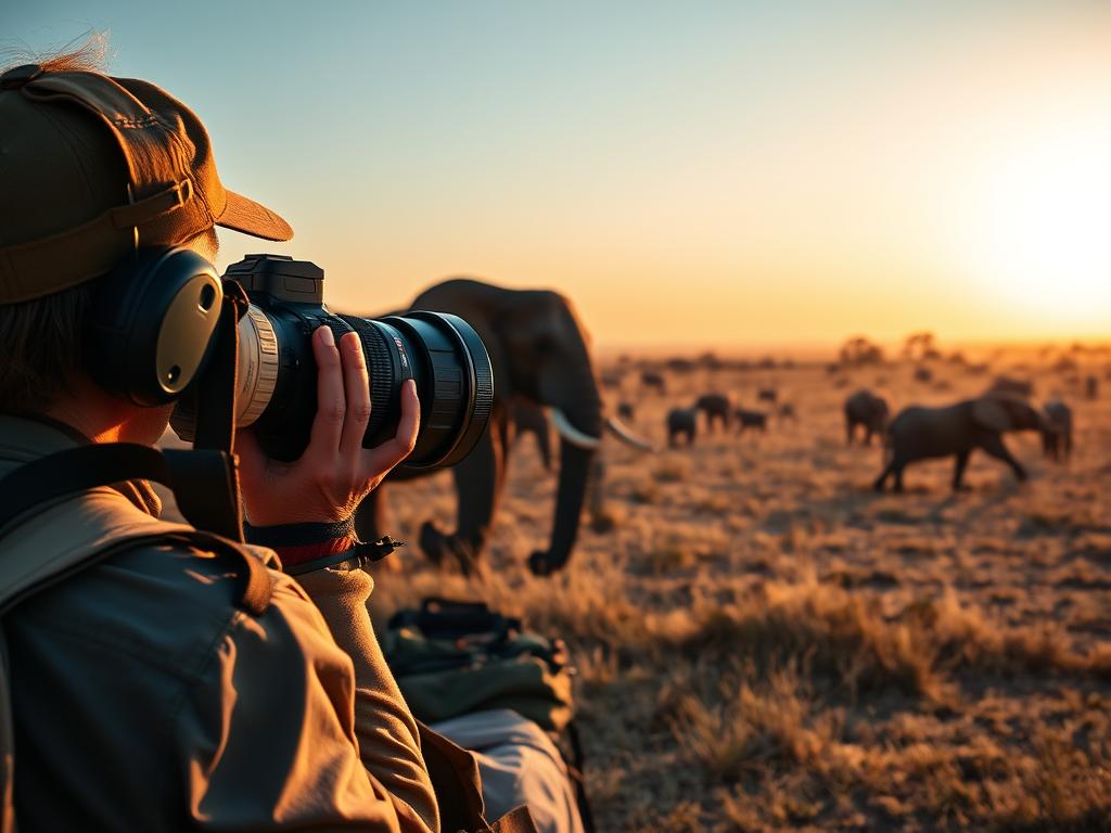 A stunning safari landscape at dawn, captured through the lens of a high-quality DSLR camera. In the foreground, a group of adventurous travelers carefully packing their gear, ready to embark on an unforgettable journey into the heart of the Serengeti. The middle ground features a herd of majestic elephants, their trunks swaying in the gentle morning breeze, while in the distance, the iconic silhouettes of acacia trees dot the horizon, bathed in the warm, golden light of the rising sun. The overall atmosphere is one of excitement, anticipation, and a deep appreciation for the wild beauty of the African savanna.