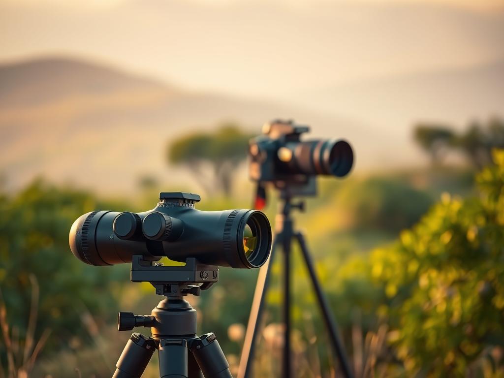 A stunning safari scene featuring safari accessories. In the foreground, a high-quality binocular with a sleek, durable design rests on a sturdy tripod, ready for wildlife observation. In the middle ground, a professional-grade camera with a powerful telephoto lens stands poised, capturing the breathtaking landscapes and elusive animal movements. The background showcases the lush, verdant foliage of the African savanna, bathed in warm, golden-hour lighting that adds depth and atmosphere to the scene. The overall mood is one of adventure, exploration, and a deep connection with the natural world, perfectly capturing the essence of the "Safari-Kleidung Packliste: Was Sie mitnehmen sollten" article and the "Zusatzausrüstung und Accessoires für Deine Safari" section. A stunning safari scene featuring safari accessories. In the foreground, a high-quality binocular with a sleek, durable design rests on a sturdy tripod, ready for wildlife observation. In the middle ground, a professional-grade camera with a powerful telephoto lens stands poised, capturing the breathtaking landscapes and elusive animal movements. The background showcases the lush, verdant foliage of the African savanna, bathed in warm, golden-hour lighting that adds depth and atmosphere to the scene. The overall mood is one of adventure, exploration, and a deep connection with the natural world, perfectly capturing the essence of the "Safari-Kleidung Packliste: Was Sie mitnehmen sollten" article and the "Zusatzausrüstung und Accessoires für Deine Safari" section.