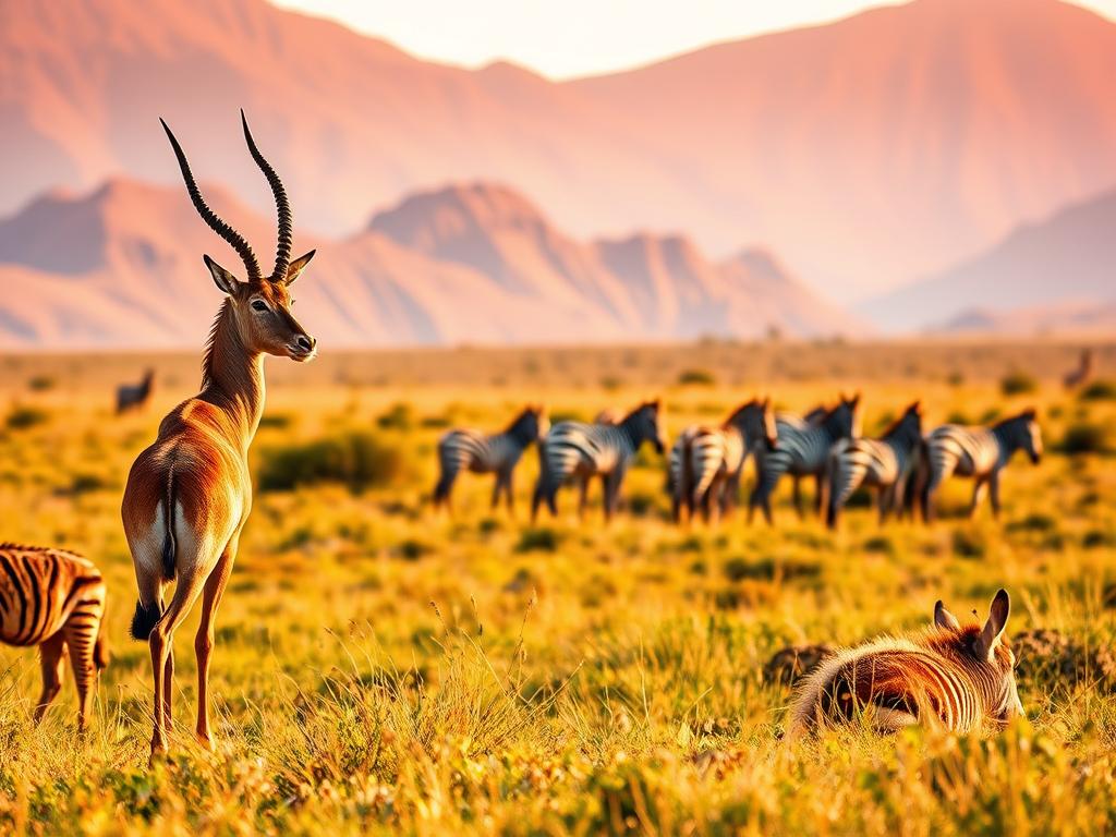 A stunning wildlife scene in the Golden Gate Highlands National Park of South Africa. In the foreground, a majestic antelope pauses, alert and vigilant, casting a watchful eye over the lush, rolling grasslands. In the middle ground, a herd of zebras graze peacefully, their distinctive black and white stripes catching the warm, golden light. In the distance, rugged, ochre-hued mountains rise, creating a dramatic backdrop for this serene tableau. The scene is bathed in a soft, diffused light, creating a sense of tranquility and natural harmony. This image perfectly captures the essence of the park's diverse flora and fauna, inviting the viewer to experience the thrill of observing the region's iconic wildlife in their natural habitat. A stunning wildlife scene in the Golden Gate Highlands National Park of South Africa. In the foreground, a majestic antelope pauses, alert and vigilant, casting a watchful eye over the lush, rolling grasslands. In the middle ground, a herd of zebras graze peacefully, their distinctive black and white stripes catching the warm, golden light. In the distance, rugged, ochre-hued mountains rise, creating a dramatic backdrop for this serene tableau. The scene is bathed in a soft, diffused light, creating a sense of tranquility and natural harmony. This image perfectly captures the essence of the park's diverse flora and fauna, inviting the viewer to experience the thrill of observing the region's iconic wildlife in their natural habitat.