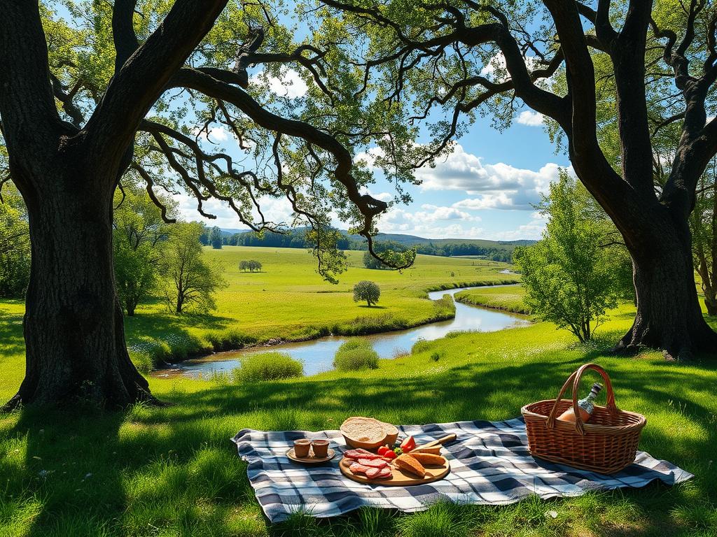 A sun-dappled meadow in a lush, verdant nature reserve. In the foreground, a cozy picnic setup with a checkered blanket, wicker basket, and artfully arranged charcuterie and fresh bread. Gnarled oak trees with dappled shadows frame the scene, their branches reaching skyward. In the middle ground, a meandering stream reflects the azure sky and fluffy clouds above. Distant rolling hills dotted with wildflowers form the tranquil background. Soft, diffused natural lighting imbues the entire tableau with a serene, bucolic ambiance, inviting the viewer to pause and savor the peaceful moment. A sun-dappled meadow in a lush, verdant nature reserve. In the foreground, a cozy picnic setup with a checkered blanket, wicker basket, and artfully arranged charcuterie and fresh bread. Gnarled oak trees with dappled shadows frame the scene, their branches reaching skyward. In the middle ground, a meandering stream reflects the azure sky and fluffy clouds above. Distant rolling hills dotted with wildflowers form the tranquil background. Soft, diffused natural lighting imbues the entire tableau with a serene, bucolic ambiance, inviting the viewer to pause and savor the peaceful moment.
